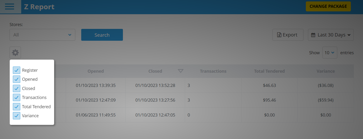 slide-out filter panel with six checked options: register, opened, closed, transactions, total tendered, variance over a data table on a report page