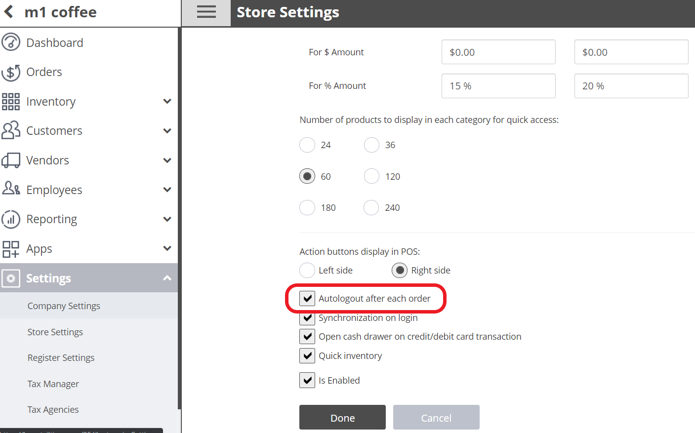 store settings screen showing left navigation menu; 'autologout after each order' is checked.