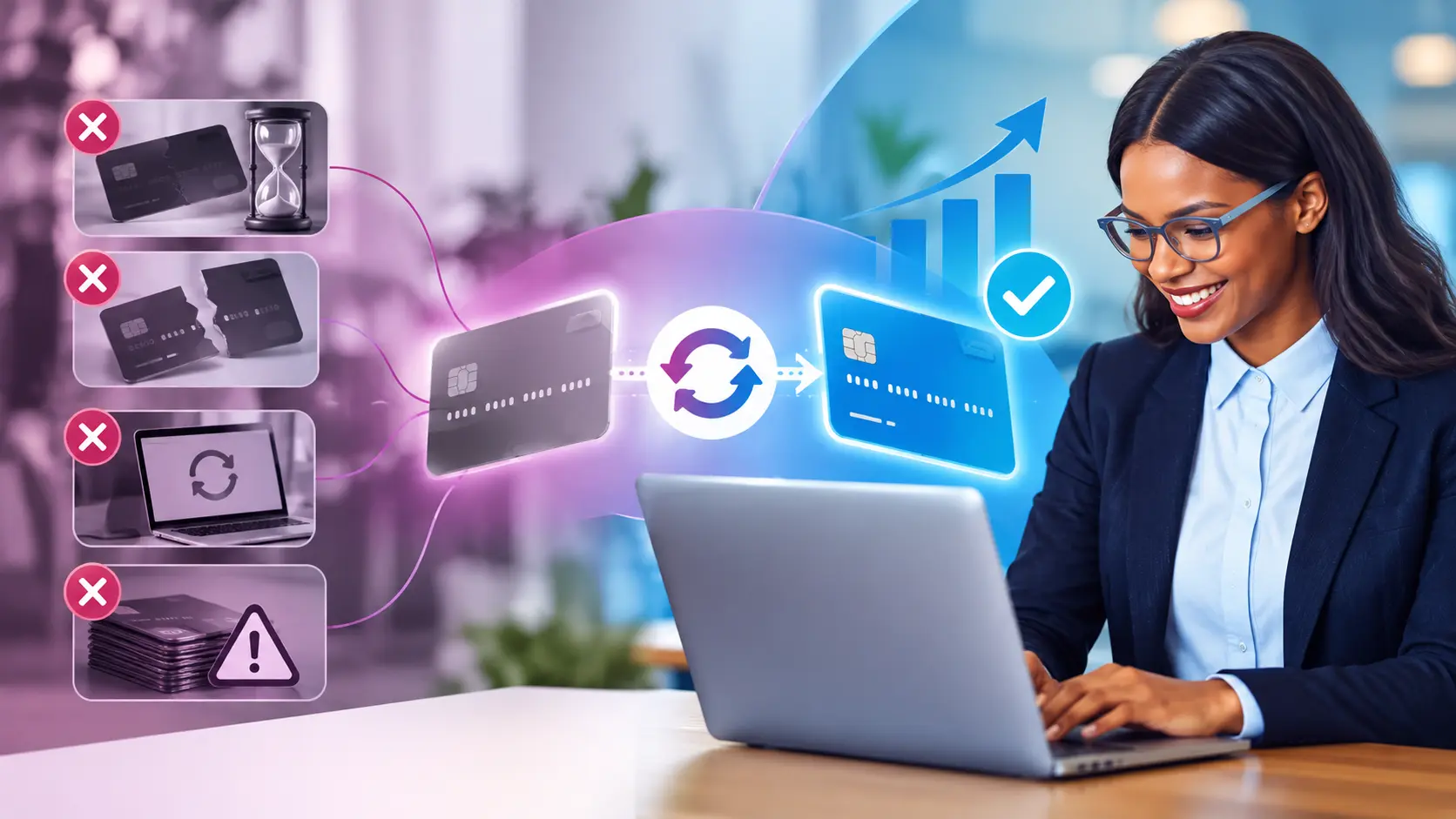 businesswoman with a laptop; floating cards flow from left (x marks) to a blue card with a checkmark, indicating successful payment validation.