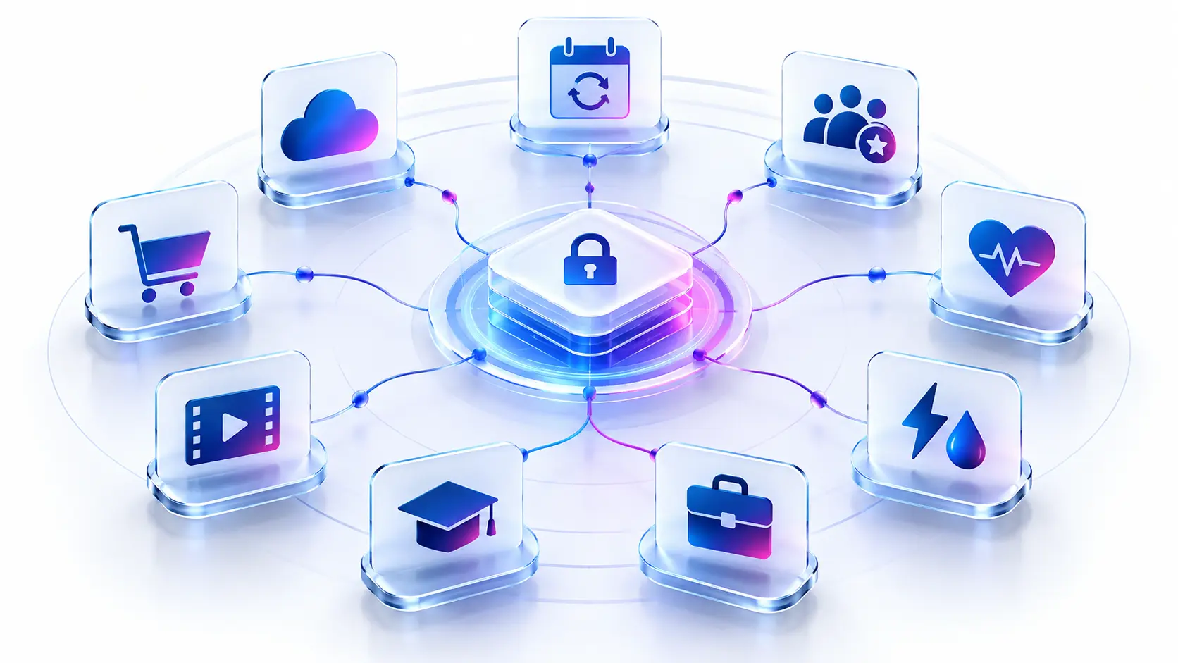 central lock icon with interconnected icons representing cloud, calendar, users, health, shopping, media, education, briefcase, and energy—illustrating connected security services.