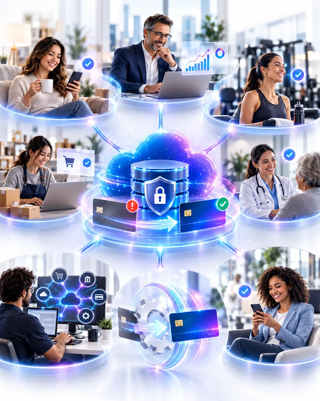 a futuristic network hub with a glowing cloud and floating screens showing charts, cards, and people working remotely around it for secure data exchange.