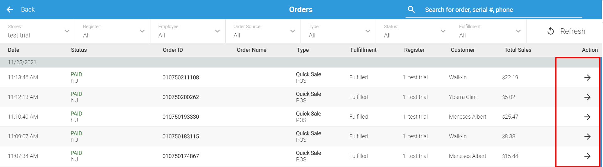 orders list table with columns: date, status, order id, order name, type, fulfillment, register, customer, total sales; rightmost action column shows chevron buttons for each row.
