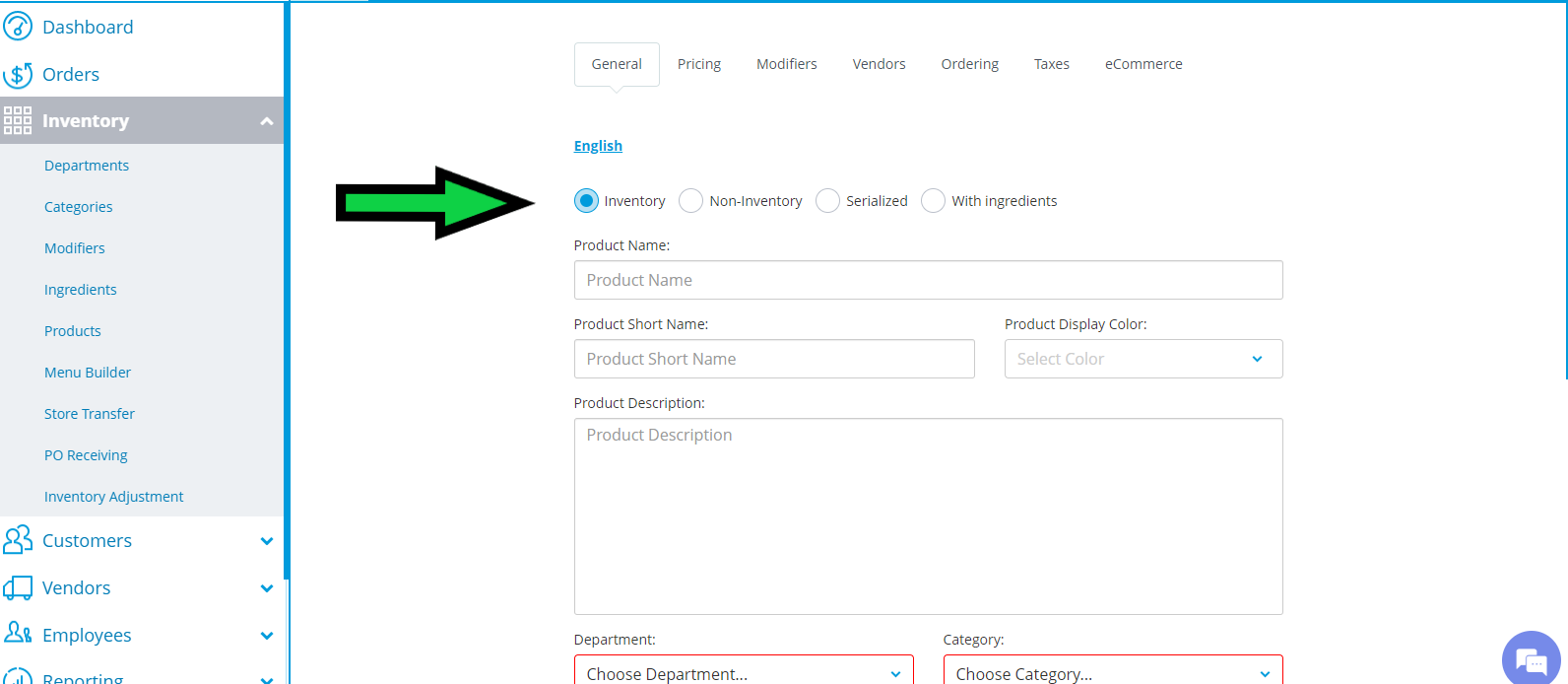 admin dashboard with left navigation; form to add/edit an inventory item, showing inventory selected (green arrow) and fields for product name, short name, color, description, and department/category selectors.