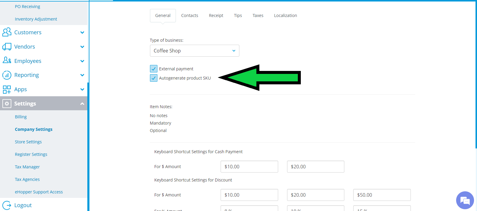 settings page with left navigation menu and main content; under general tab, two checked options: external payment and autogenerate product sku.