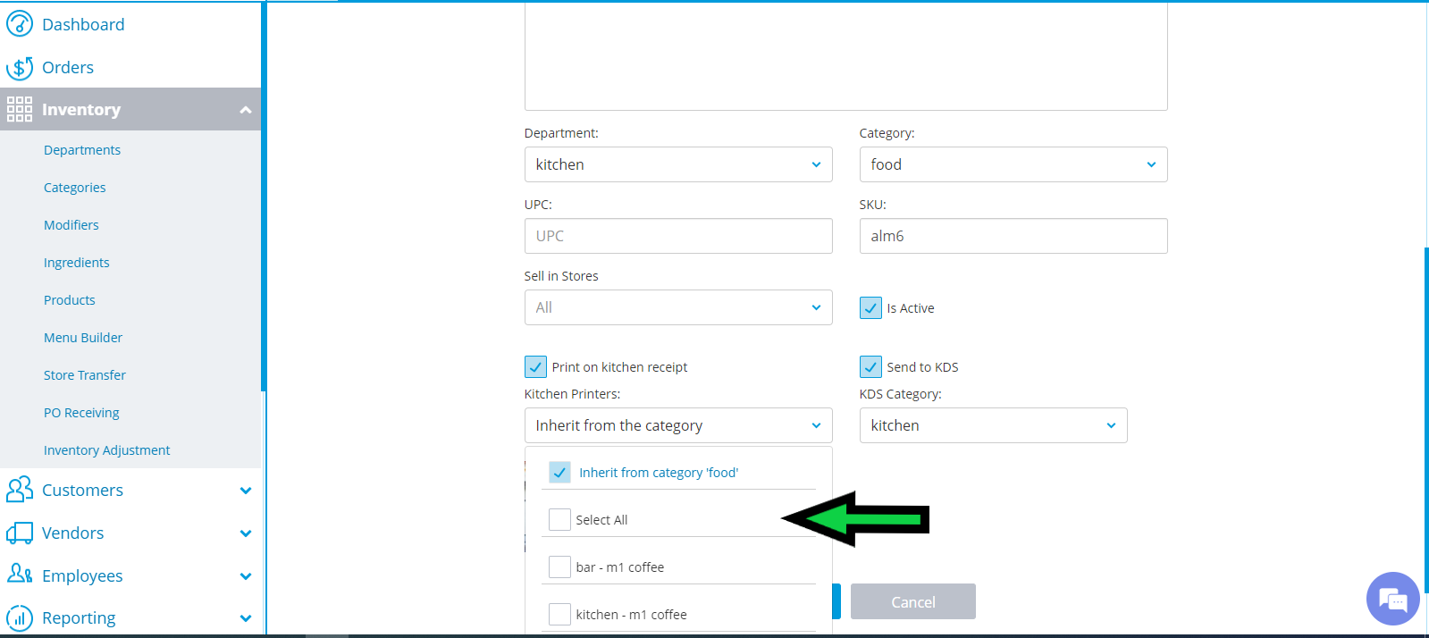 inventory form with department and category dropdowns; checked 'inherit from category "food"' and a list including 'select all' in focus area.