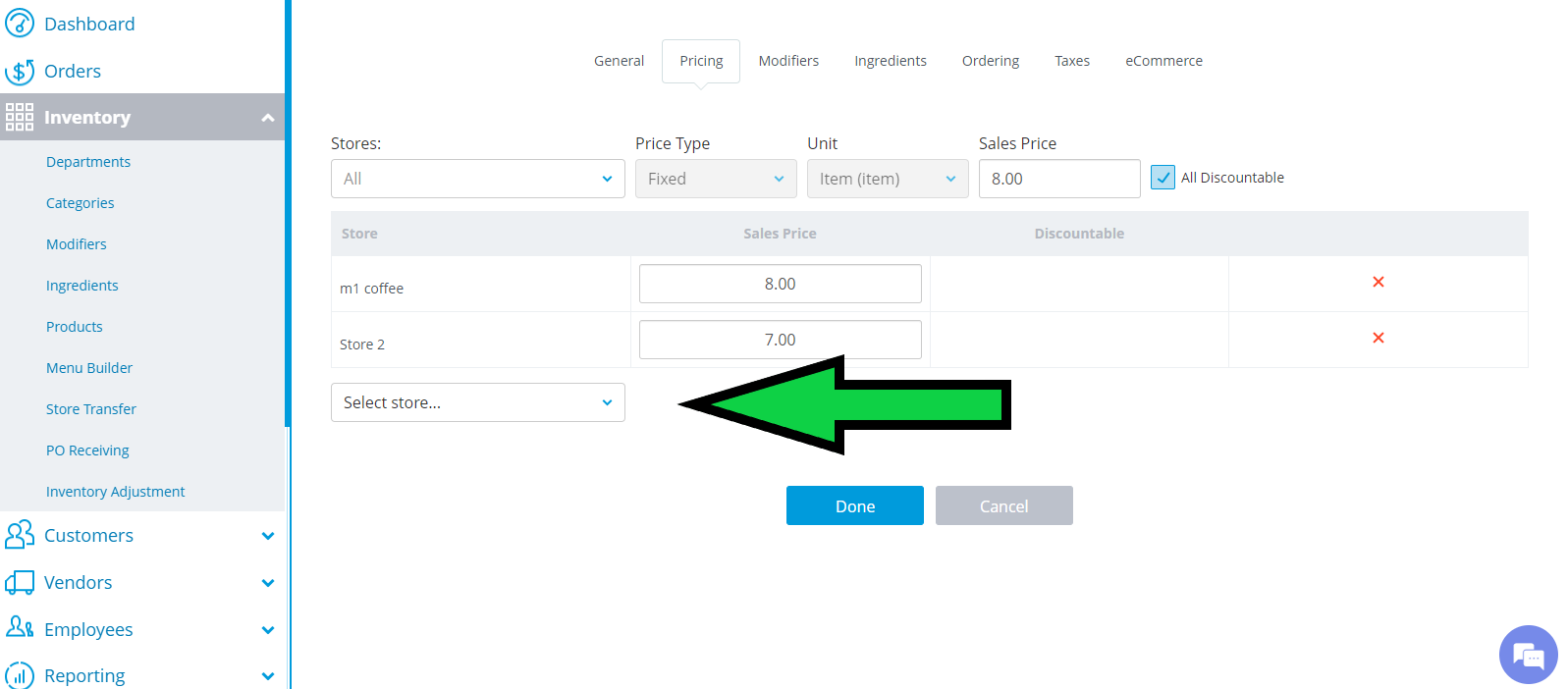 pricing editor ui showing a table of stores with sales price fields; a 'select store...' dropdown is emphasized by a large green arrow.