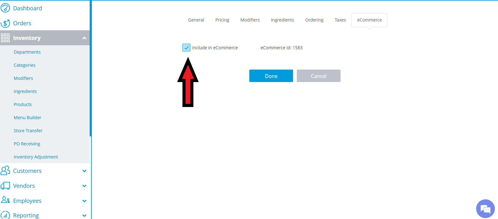 checkbox 'include in ecommerce' is checked, with ecommerce id: 1583 and done/cancel buttons on the settings page
