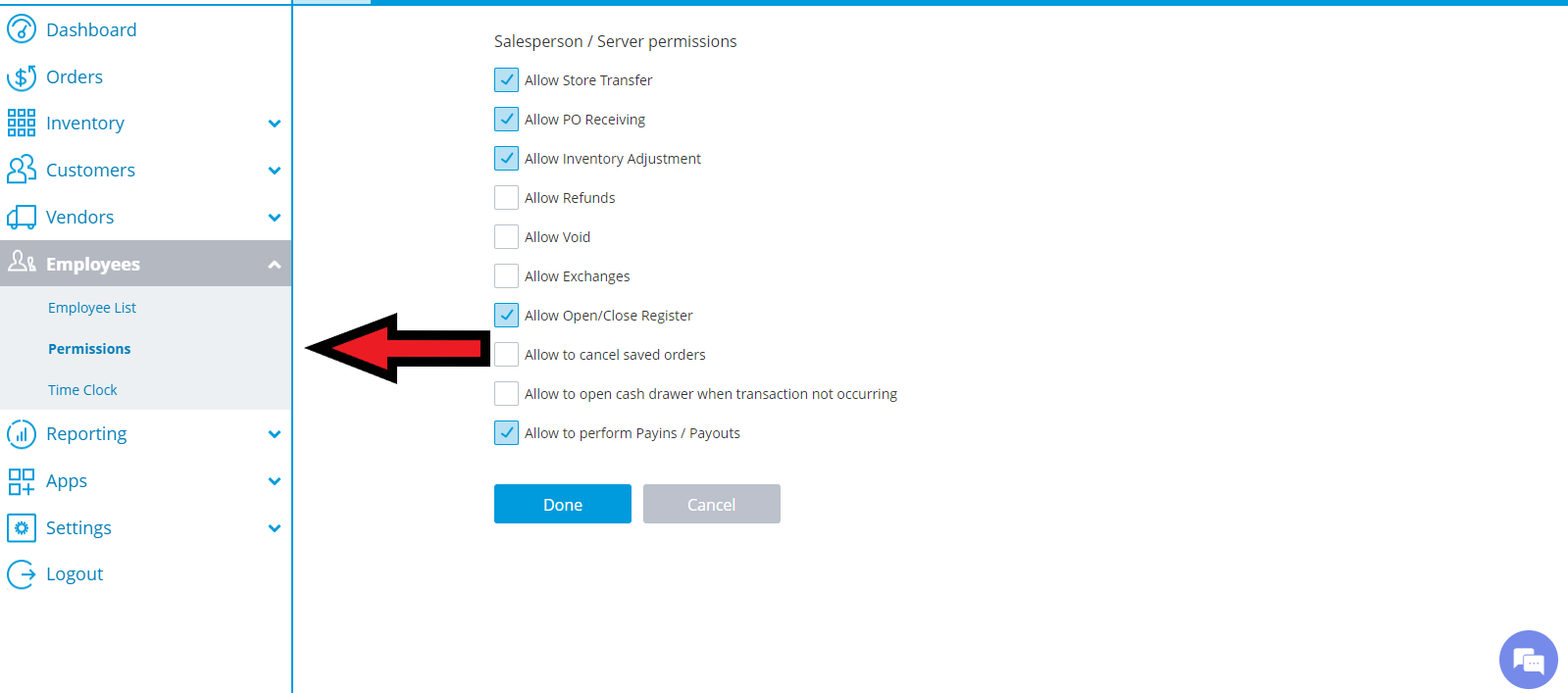 employee permissions panel showing several checkbox options; 'allow open/close register' is checked and a blue 'done' button is visible.