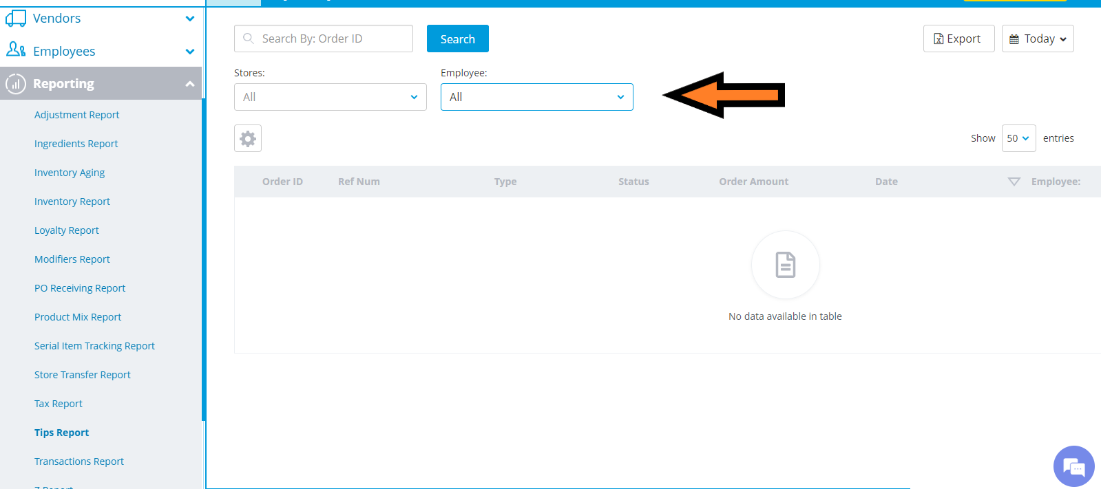 dashboard with left navigation and search; orange arrow points to the employee filter beside the stores dropdown; table shows no data yet.