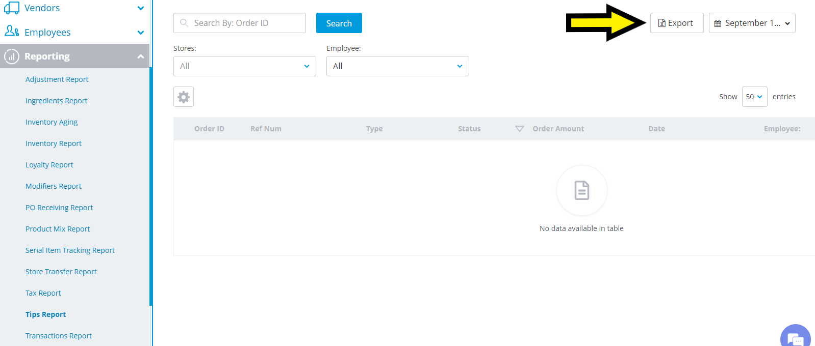 export button on the reporting dashboard (top-right), highlighted with a yellow arrow.