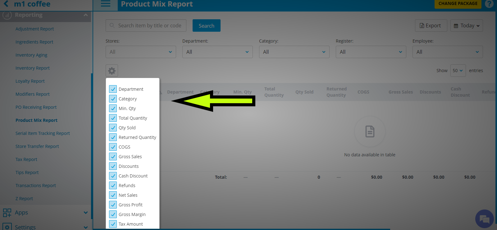 dashboard showing a column-chooser popover with many checkboxes (department, category, min. qty, total quantity, qty sold, etc.) and a highlighted arrow pointing to the department column header in the table header area.