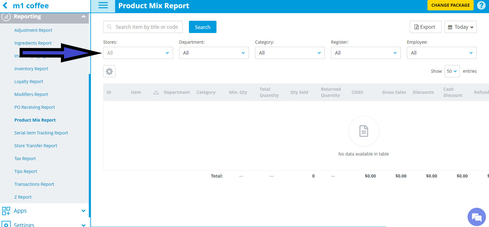 product mix report page showing left navigation, search and filter controls (stores, department, category, register, employee) and an empty data table with a 'no data available in table' message.