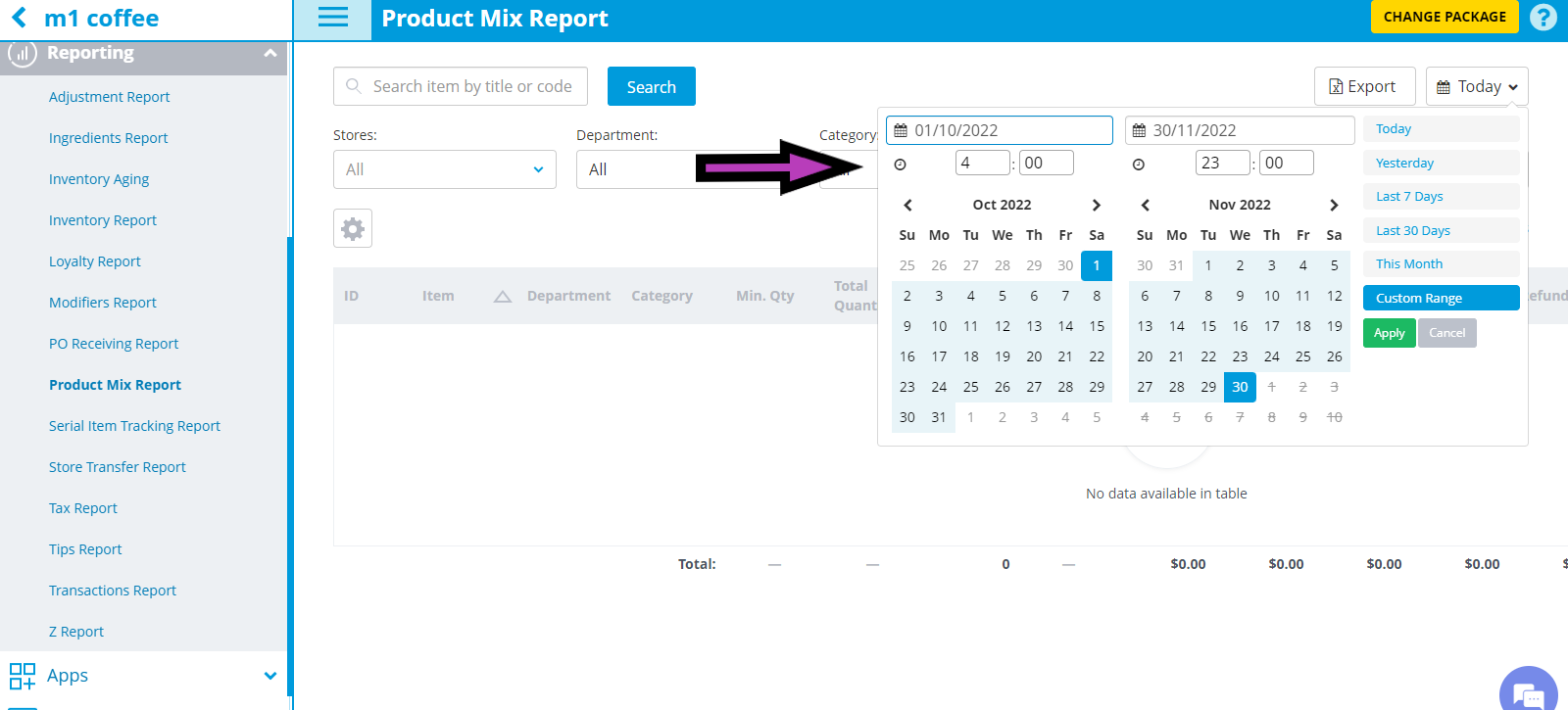 product mix report dashboard with a date range picker open (calendar for oct 2022) and filter controls on top, arrow pointing at the date field.