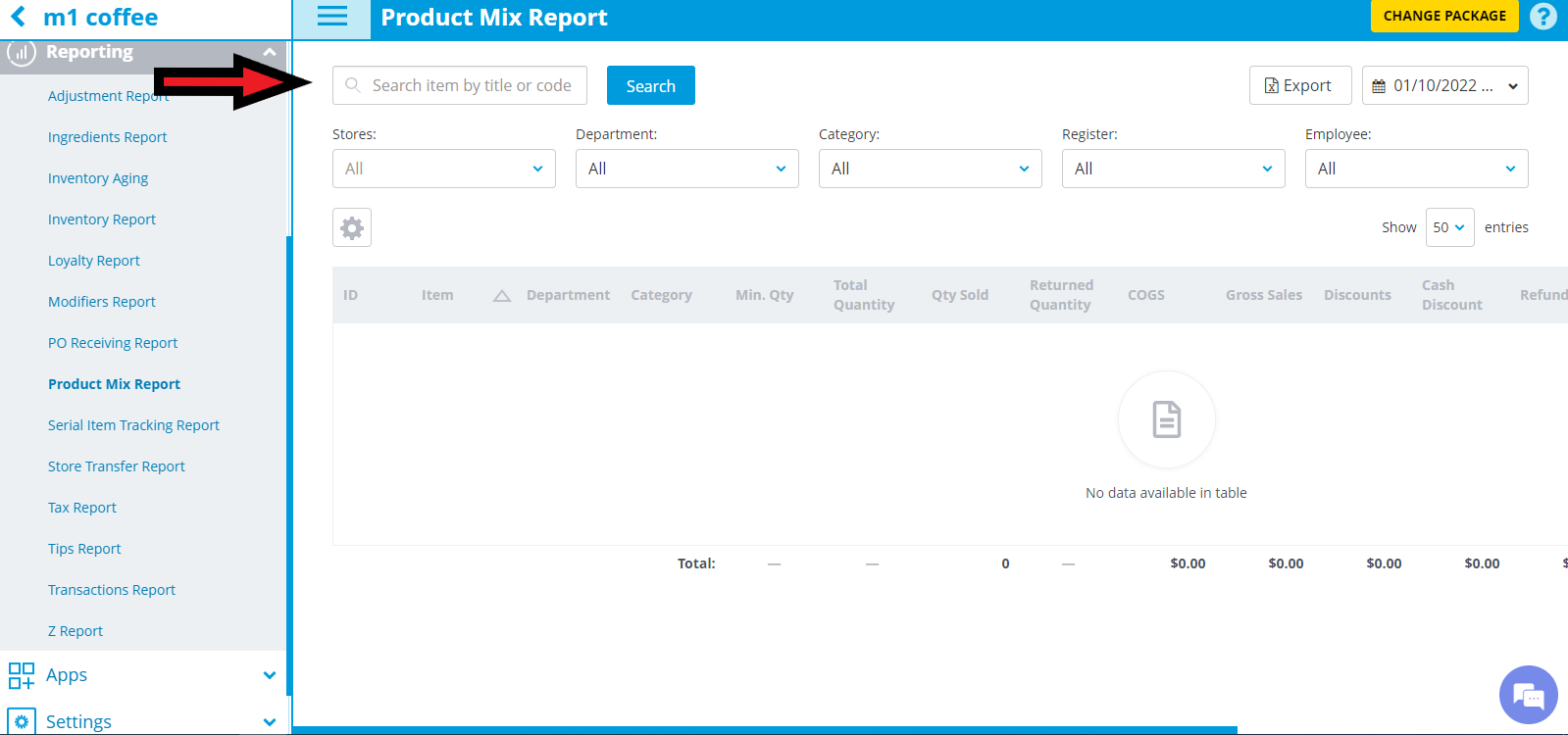 screenshot of product mix report ui showing left navigation rail, top bar, search field with a blue search button, filters (stores, department, category, register, employee), export and date options, and a 'no data available in table' placeholder in the data area.