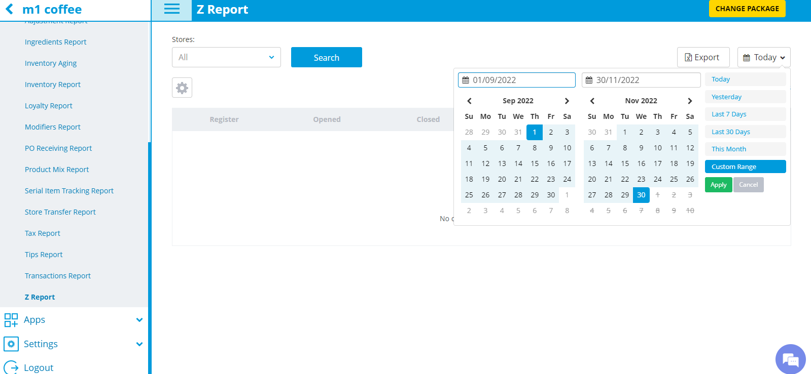 z report page layout with left navigation, blue header, search and export controls, and an open date range calendar (sep–nov 2022).
