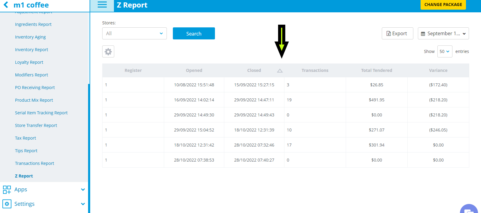 z report page with store filter and a table of register activity (opened, closed, transactions, total tendered, variance).