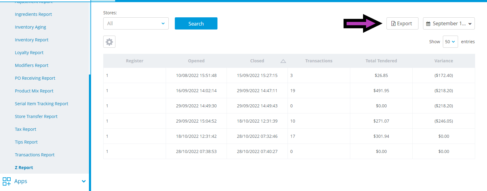 screenshot of a store reports dashboard with a left navigation rail, a stores filter, search, and an export button highlighted, plus a date picker.