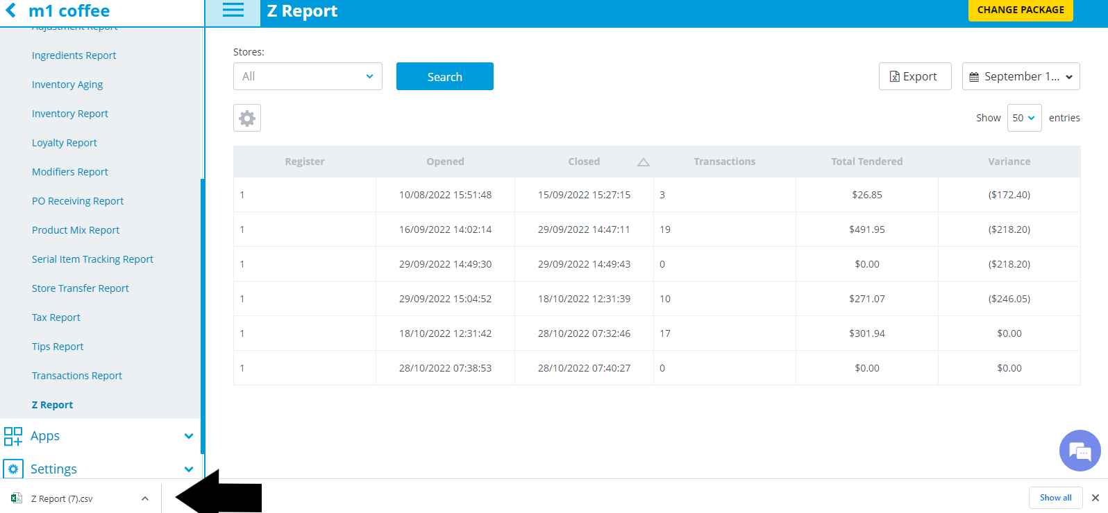 z report screen: left navigation menu, blue header 'z report', search controls, and a multi-row data table showing register, opened, closed, transactions, total tendered, and variance.