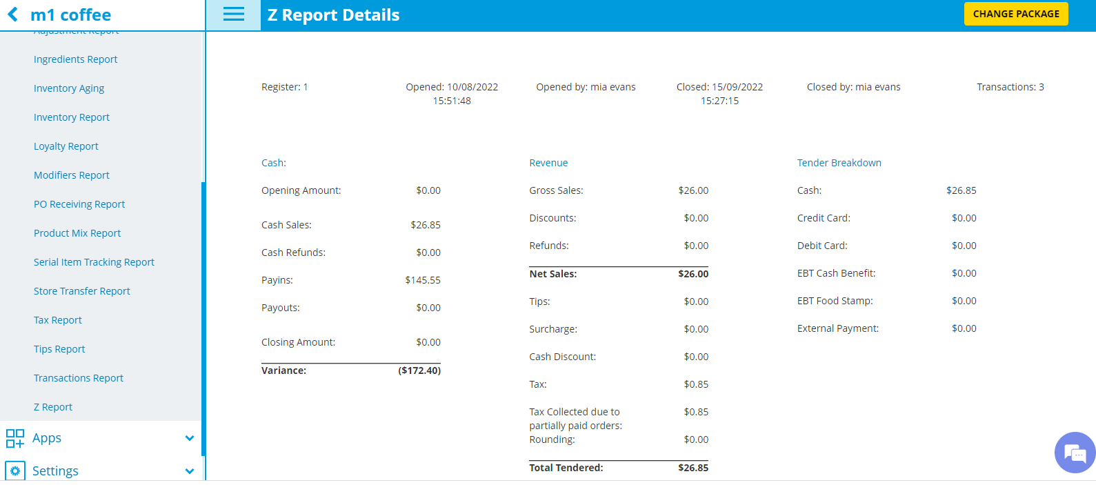 z report details page with a left navigation menu and a central table showing cash, revenue, and tender breakdown data for a period