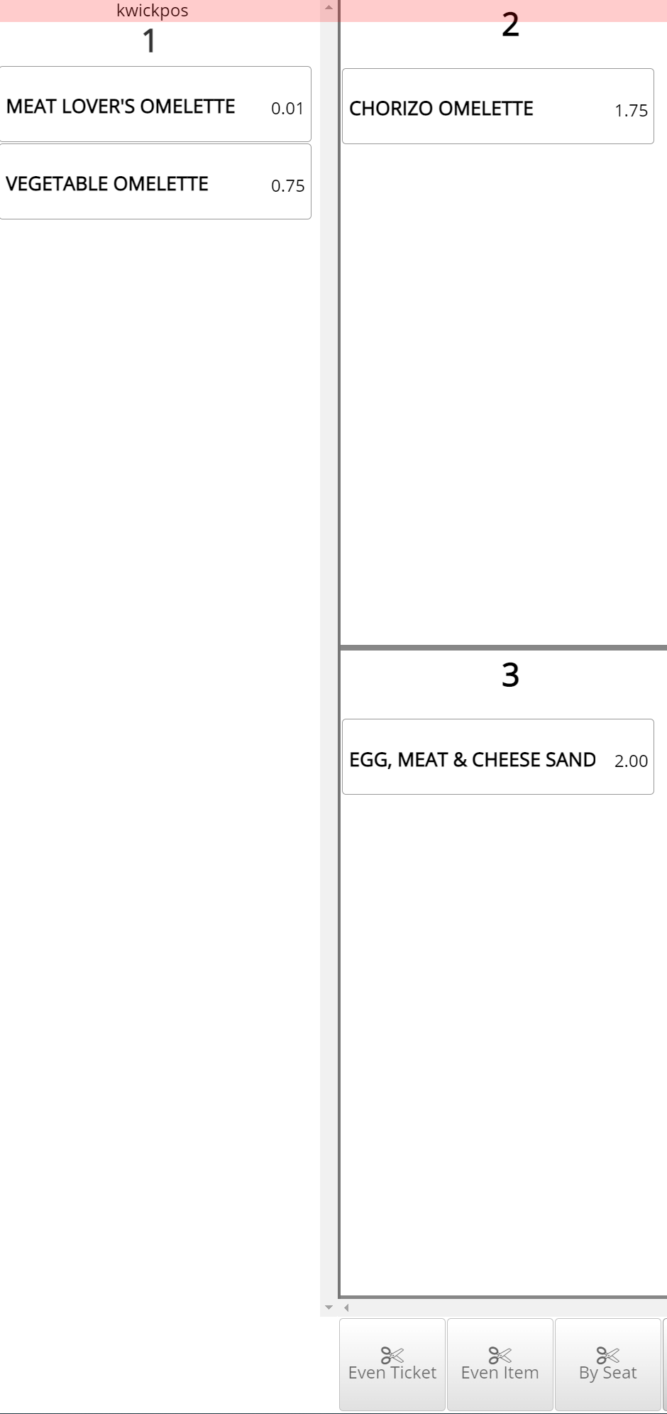 5LH6qyi0E2 | CHARGE Anywhere split-screen order menu: column 1 lists meat lover's omelette and vegetable omelette with prices; column 2 lists chorizo omelette; column 3 lists egg, meat & cheese sandwich with price; bottom has three option buttons: even ticket, even item, by seat.