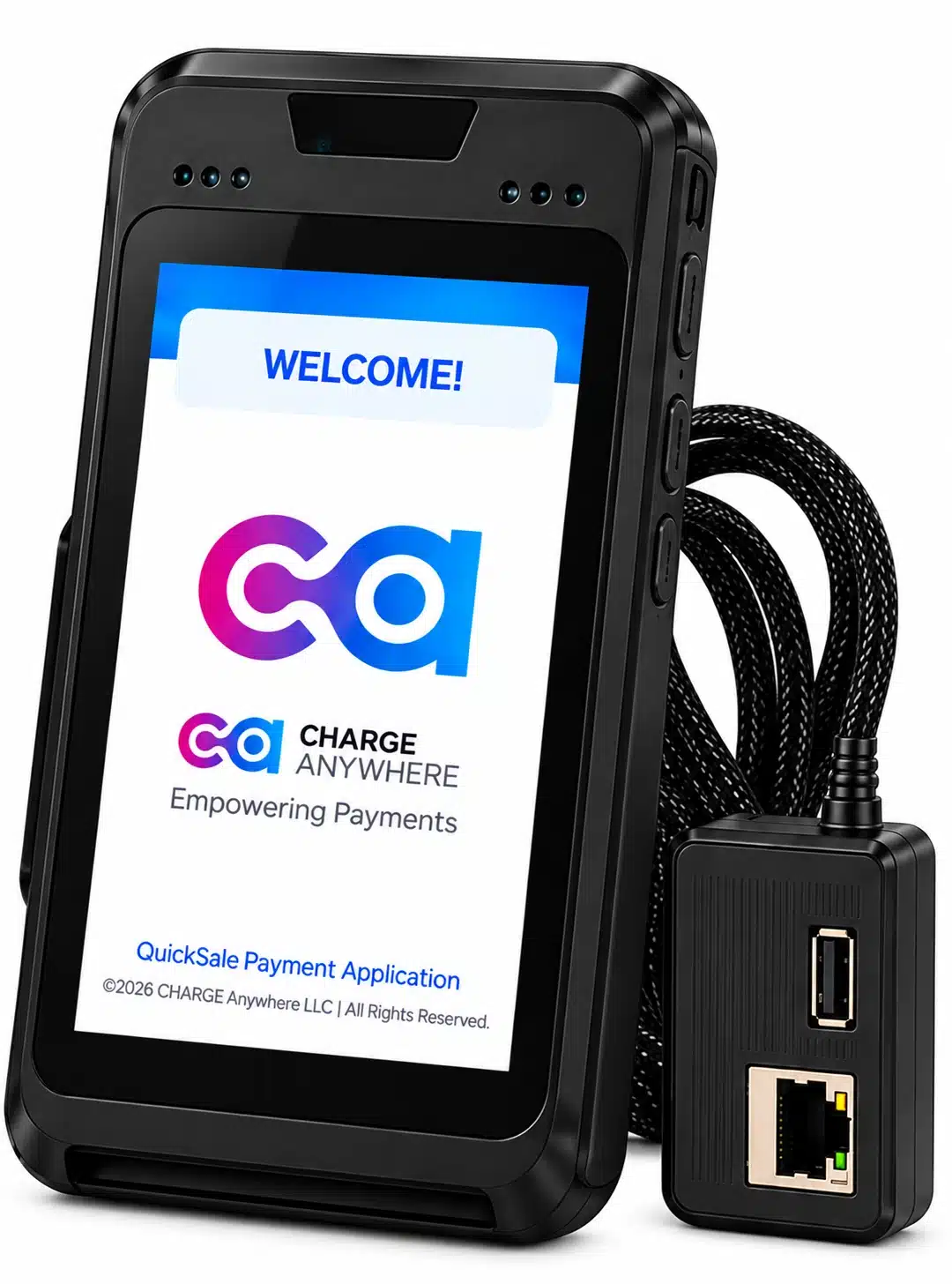 Black Payment Terminal with Ethernet Adapter | CHARGE Anywhere portable handheld point-of-sale device displaying the go charge anywhere branding on its screen.