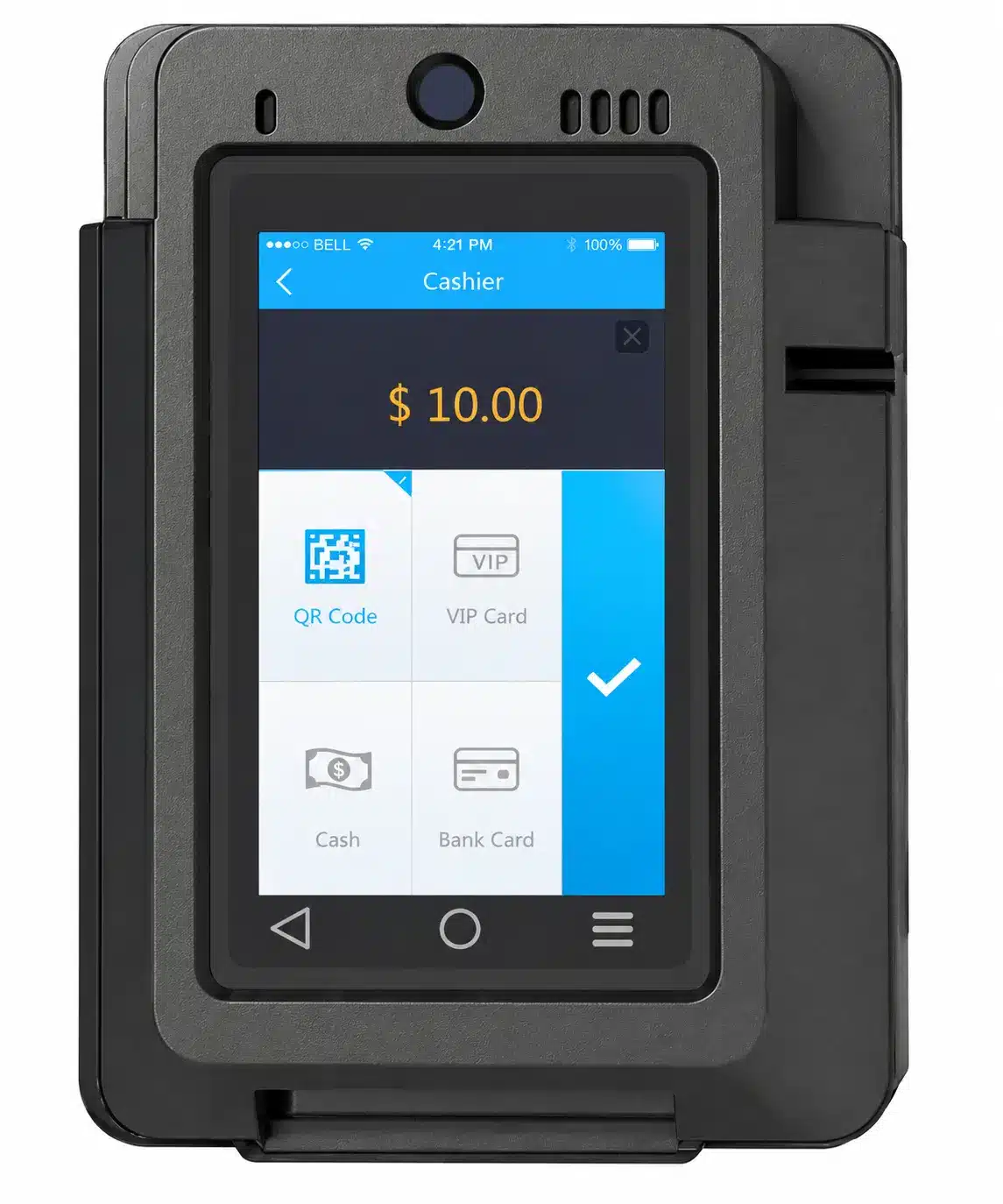 Q3 Unattended Payment Terminal | CHARGE Anywhere handheld payment terminal displaying a .00 total with payment options: qr code, vip card, cash, and bank card on the touchscreen.