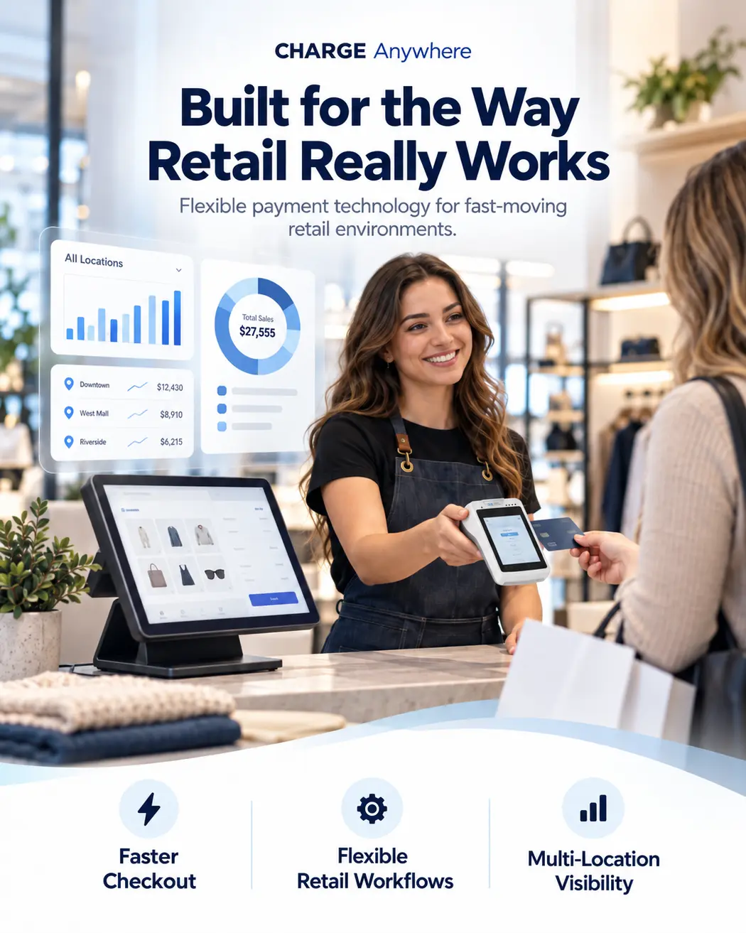 sales associate processes a card payment for a customer at a checkout featuring a handheld device and digital charts in the background.