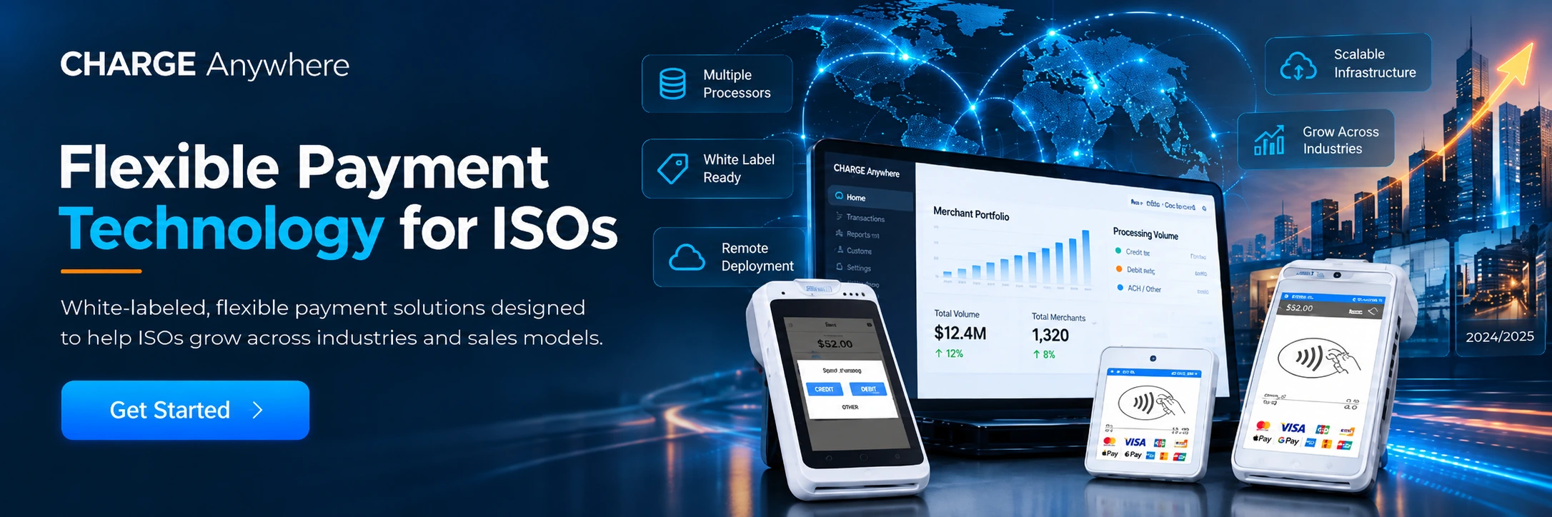 promotional banner for charge anywhere highlighting flexible payment technology for isos, with devices and a 'get started' button.