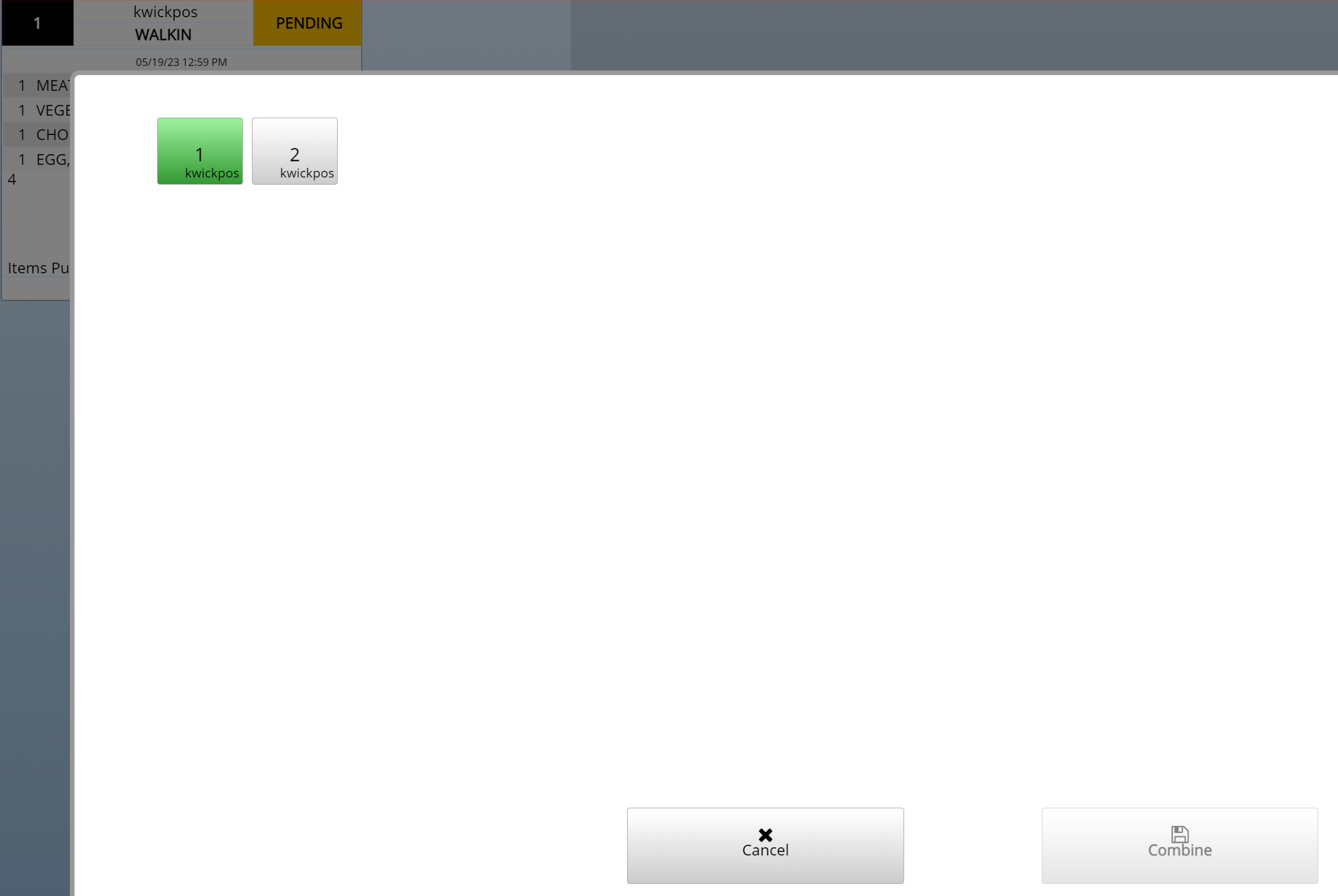 modal overlay with two large option buttons: a green '1 kwickpos' and a gray '2 kwickpos', plus cancel and combine actions at the bottom of the screen.
