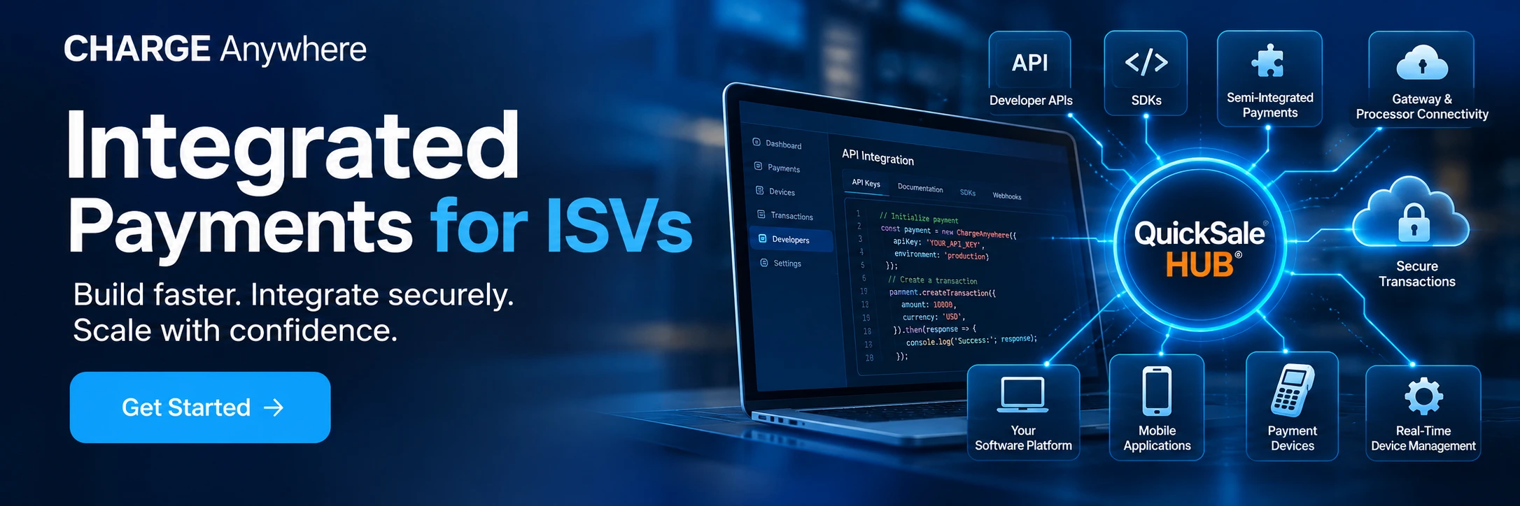 banner promoting integrated payments for isvs with a laptop showing code and glowing network icons labeled api, sdks, and secure transactions near a 'get started' button.