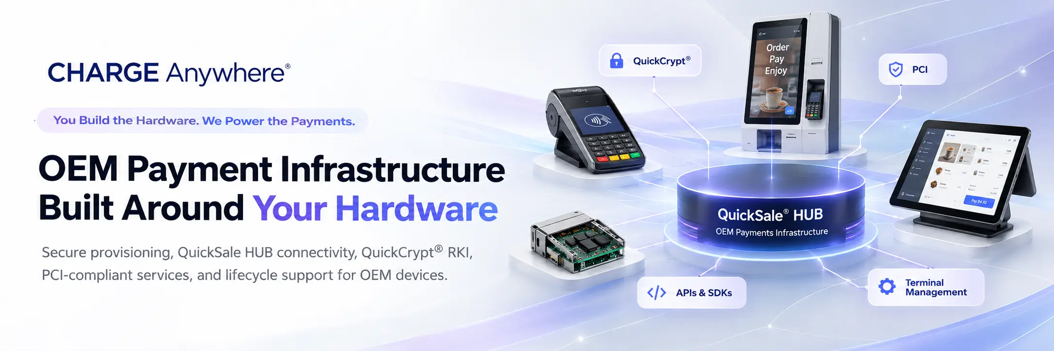charge anywhere banner promoting oem payment infrastructure built around your hardware, with a card reader, tablet, and hub imagery.