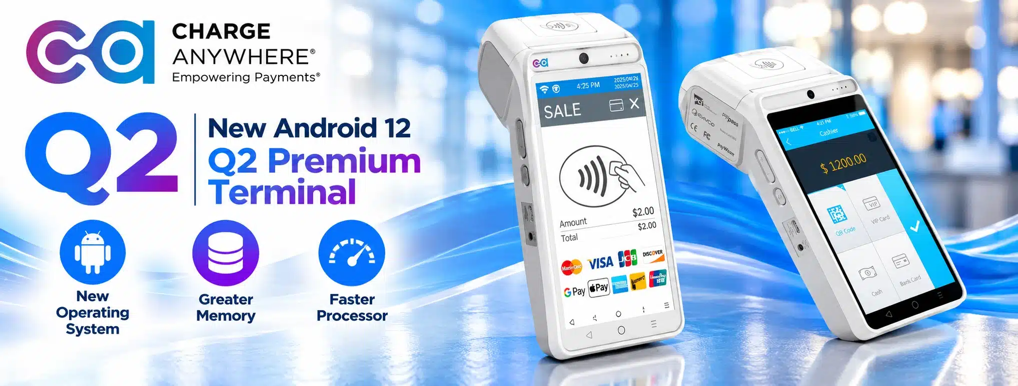 promotional banner for charge anywhere q2 premium terminal with two handheld payment devices and android 12 branding (new android 12, q2 premium terminal).