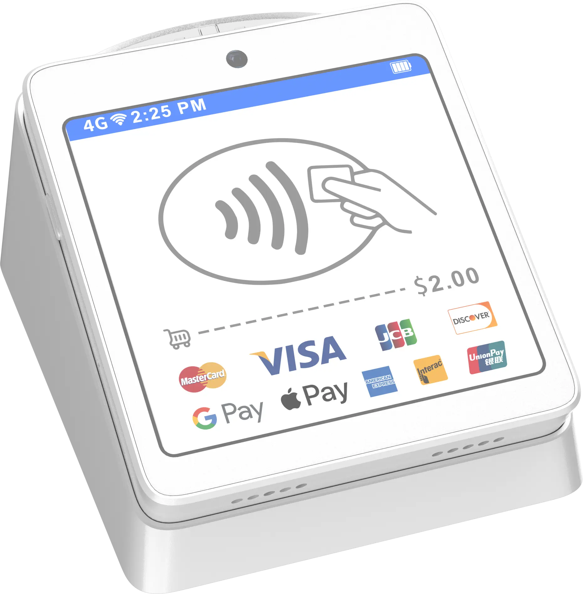 Q3 Mini Countertop | CHARGE Anywhere phone-based payment screen showing a contactless tap area and logos for visa, mastercard, apple pay and google pay