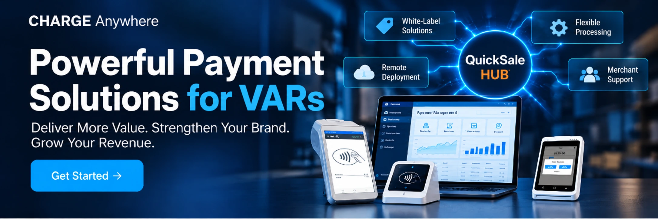 marketing banner promoting 'powerful payment solutions for vars' with a central quicksale hub and connected devices (laptop and mobile devices) in blue tones.