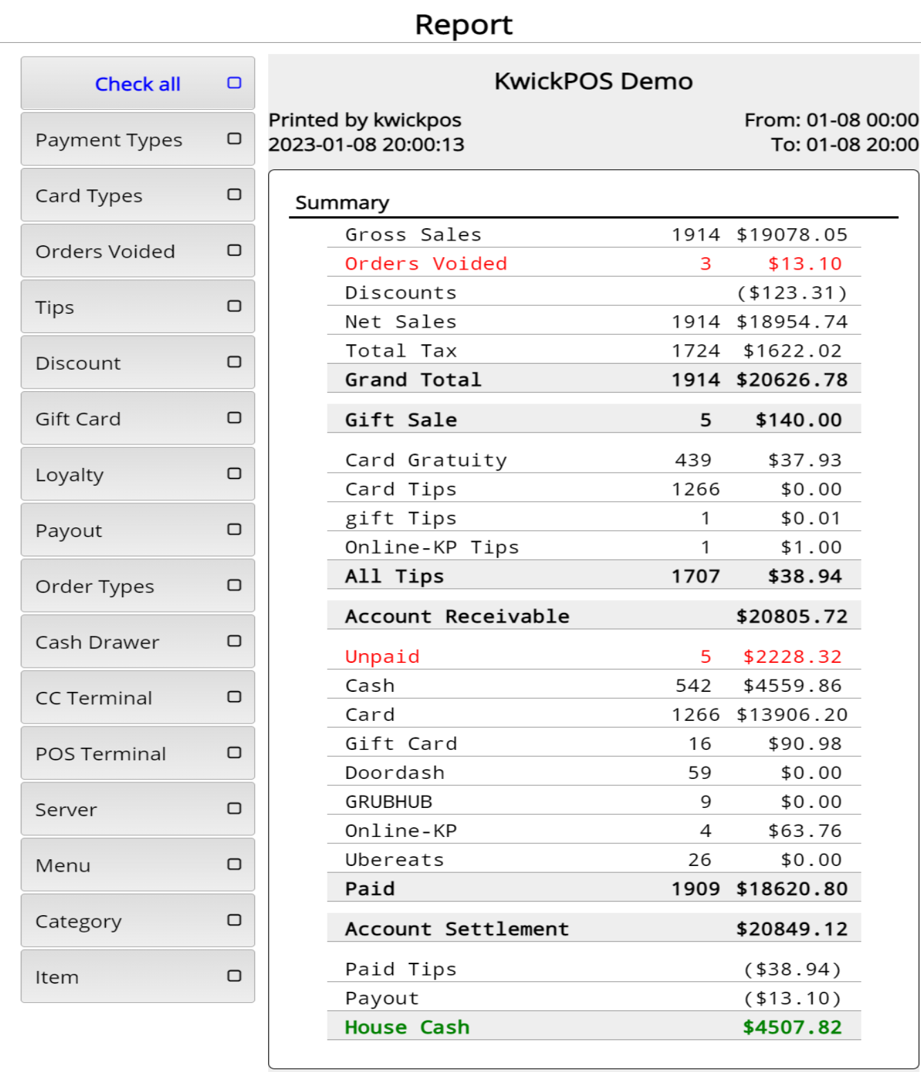 kwickpos demo report: left navigation menu with category buttons; right shows a summary table of sales figures (gross sales, orders voided, net sales, totals, house cash).