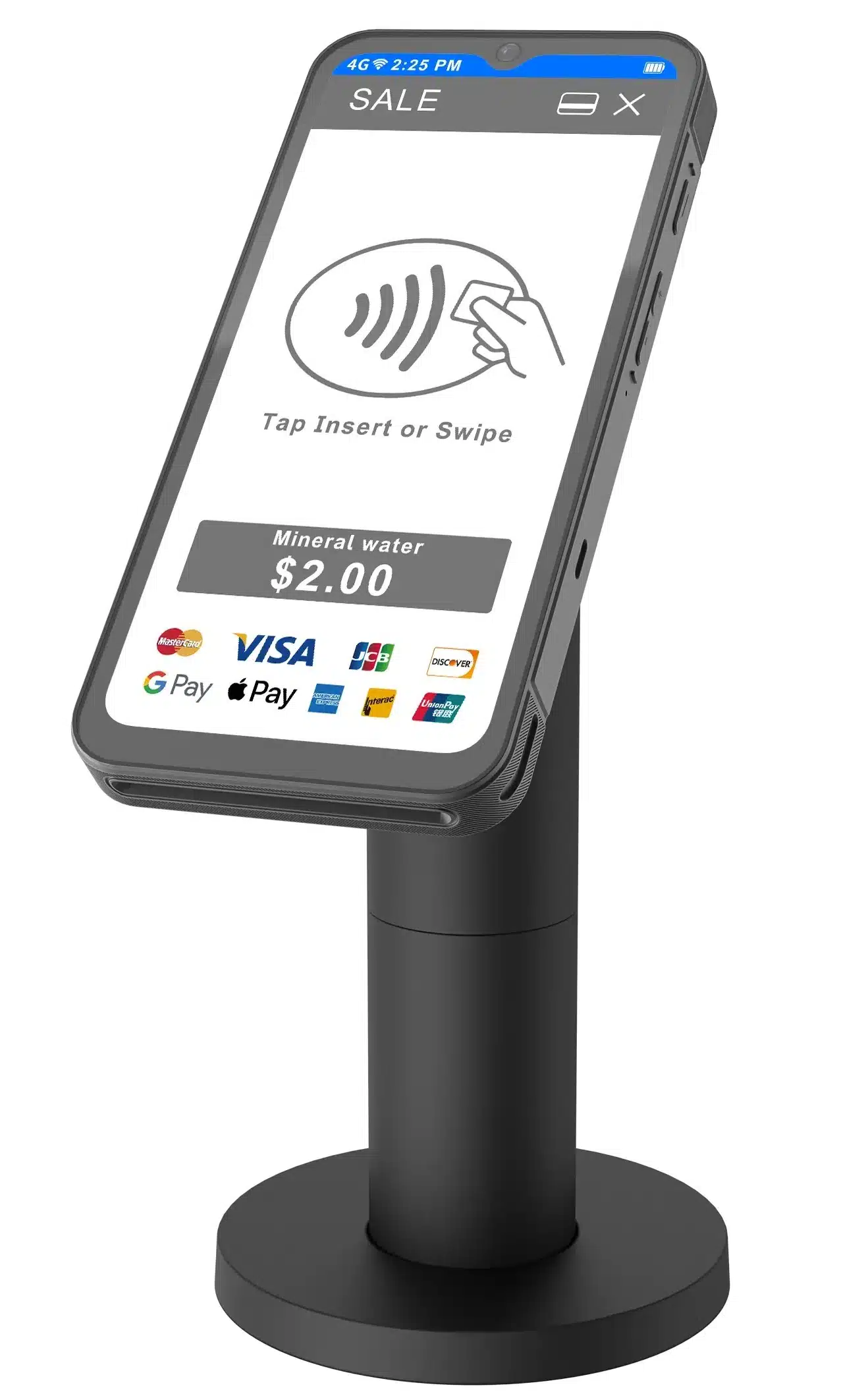 Q3 Pro with standard base front view | CHARGE Anywhere self-service payment tablet on a stand showing a sale screen with 'tap insert or swipe' and a