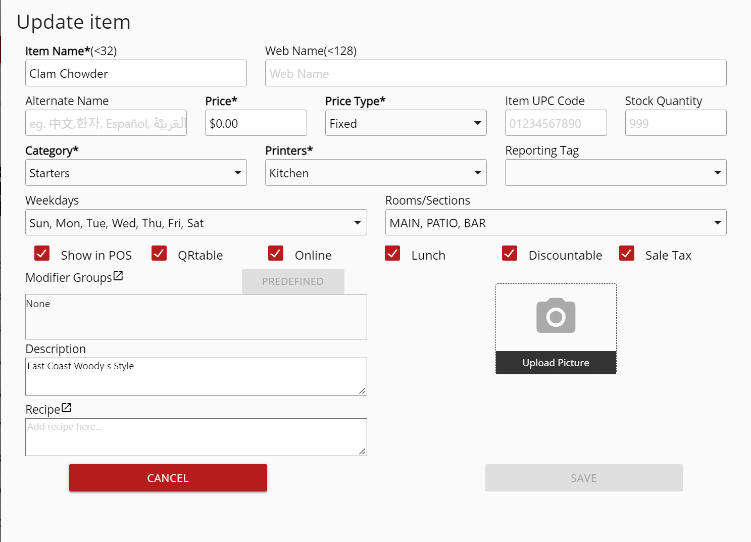 form to update an item: fields for name, web name, price, category, printers, weekdays, description, and image upload area.