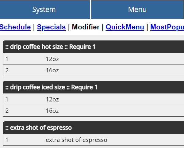 screenshot of a coffee order screen with hot and iced drip coffee options, sizes 12oz and 16oz, and an extra espresso shot option.