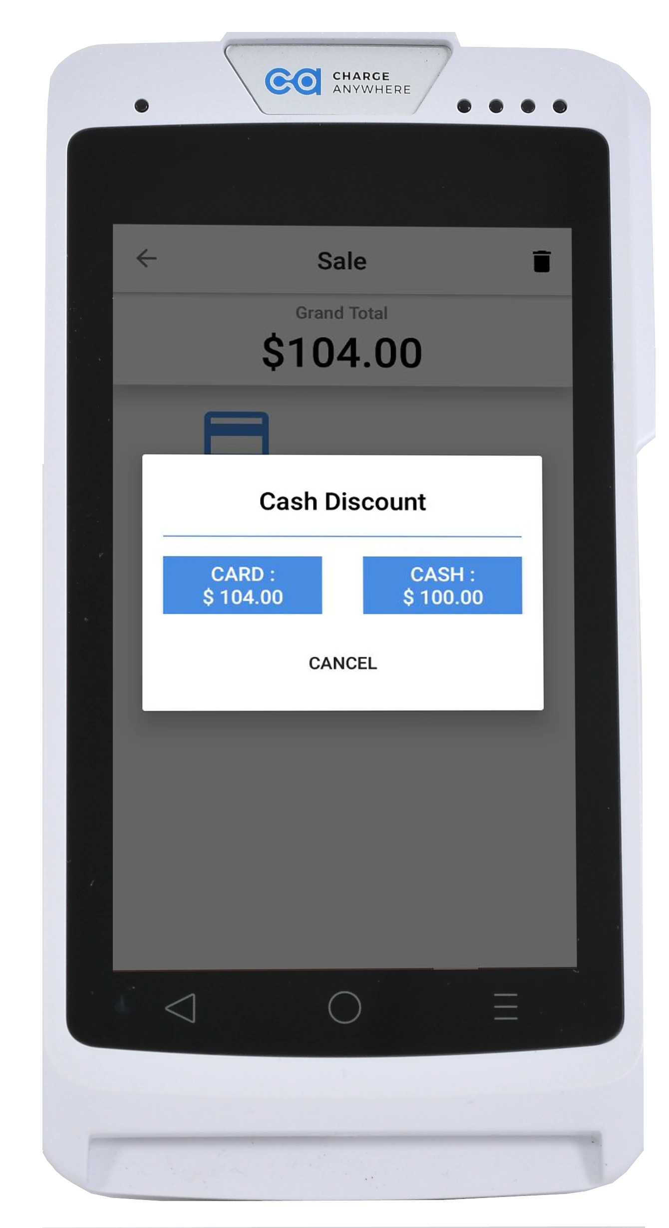 q3 white with dual price 11 | CHARGE Anywhere mobile pos screen showing a sale total of 4.00 with a cash discount dialog: card 4.00 or cash 0.00, cancel option
