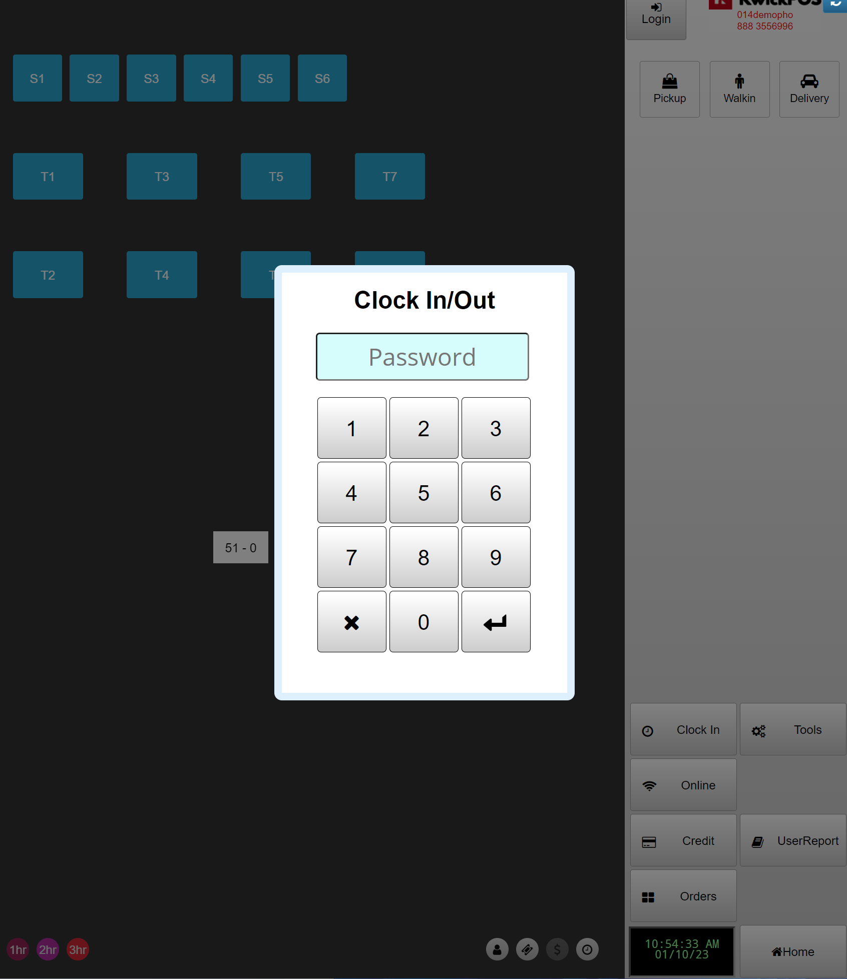 clock in/out modal with a password field and a 3x4 numeric keypad for pin entry on top of a dimmed screen.