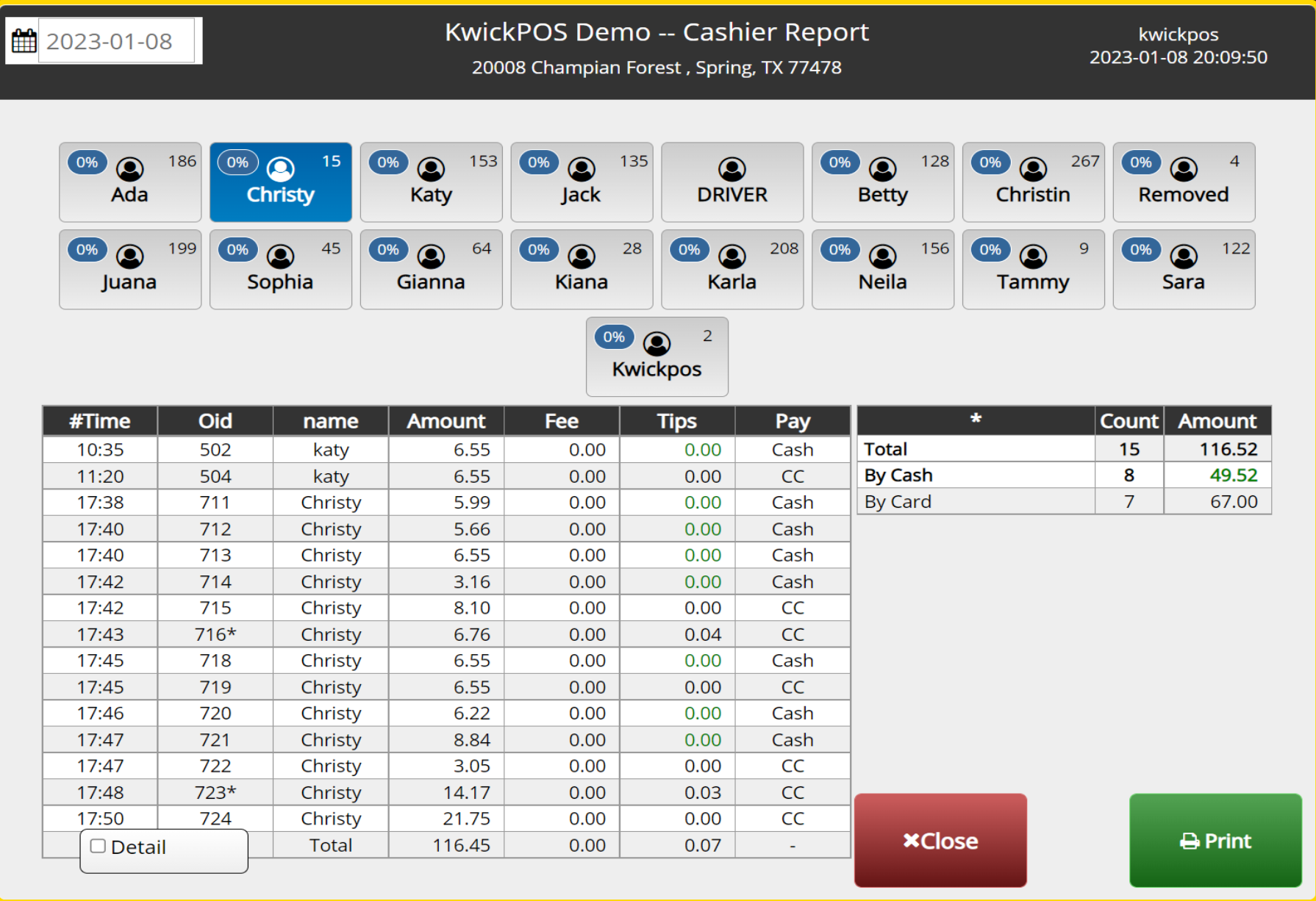 kwickpos cashier report dashboard with cashier tiles, a 2-line header, and a large transactions table showing times, names, amounts, fees, tips, and payment methods.