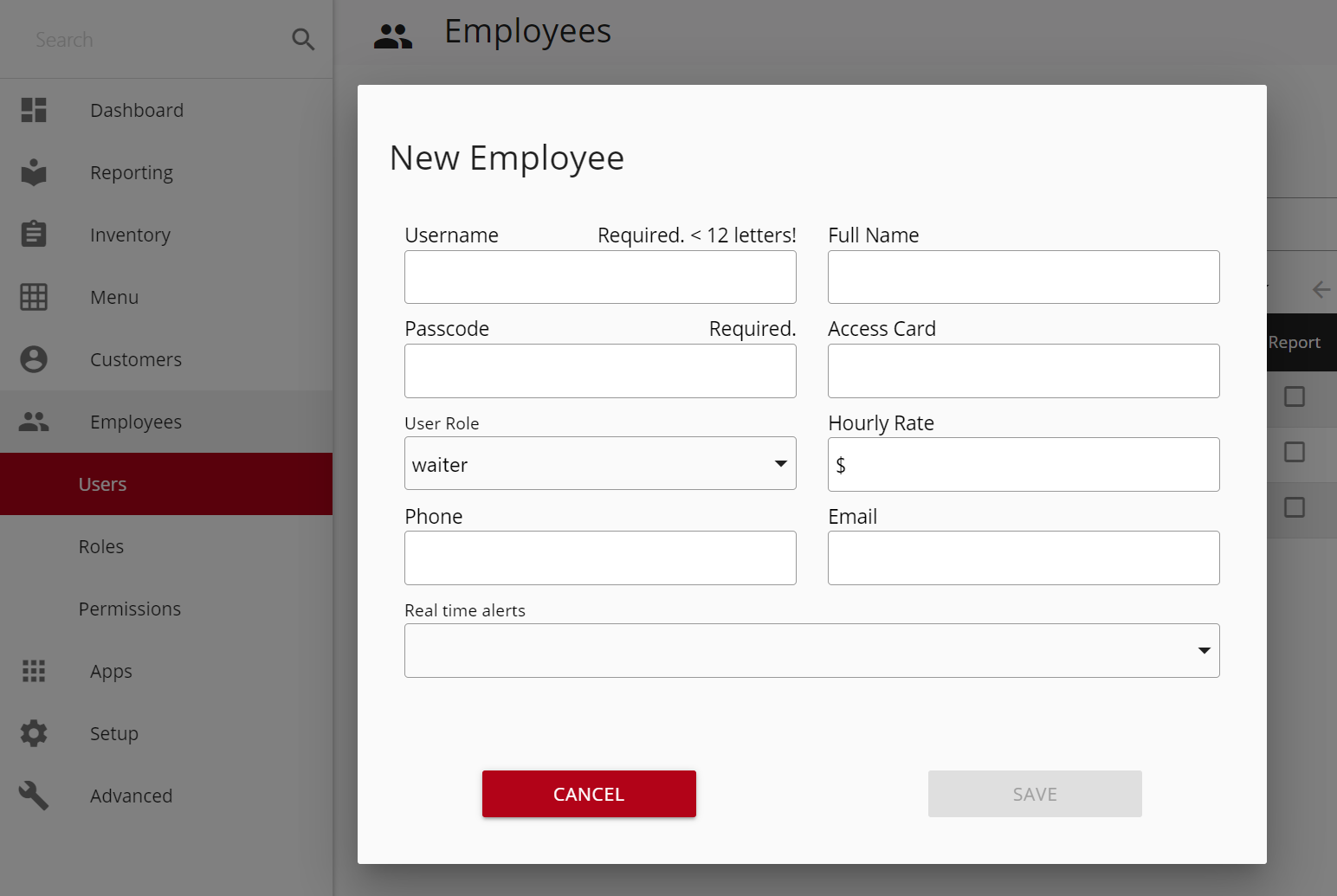 modal titled 'new employee' with a form to enter username, full name, passcode, access card, role, rate, phone, email and real-time alerts; cancel/save buttons below.