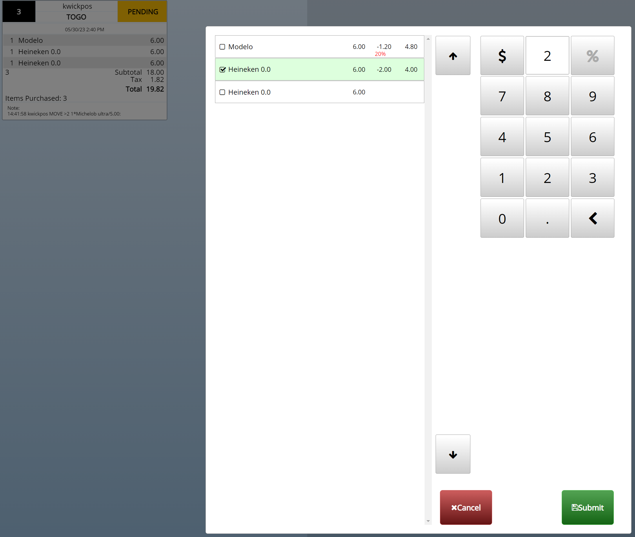 point-of-sale screen showing a receipt on the left and a modal with selectable items; heineken 0.0 is checked. a numeric keypad is on the right.